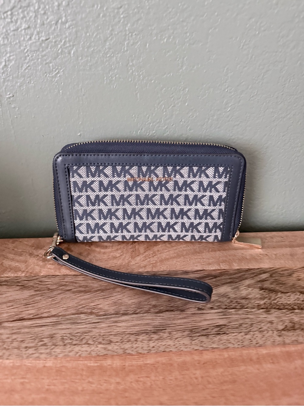 Michael Kors Navy and Beige MK Logo Zip Wristlet